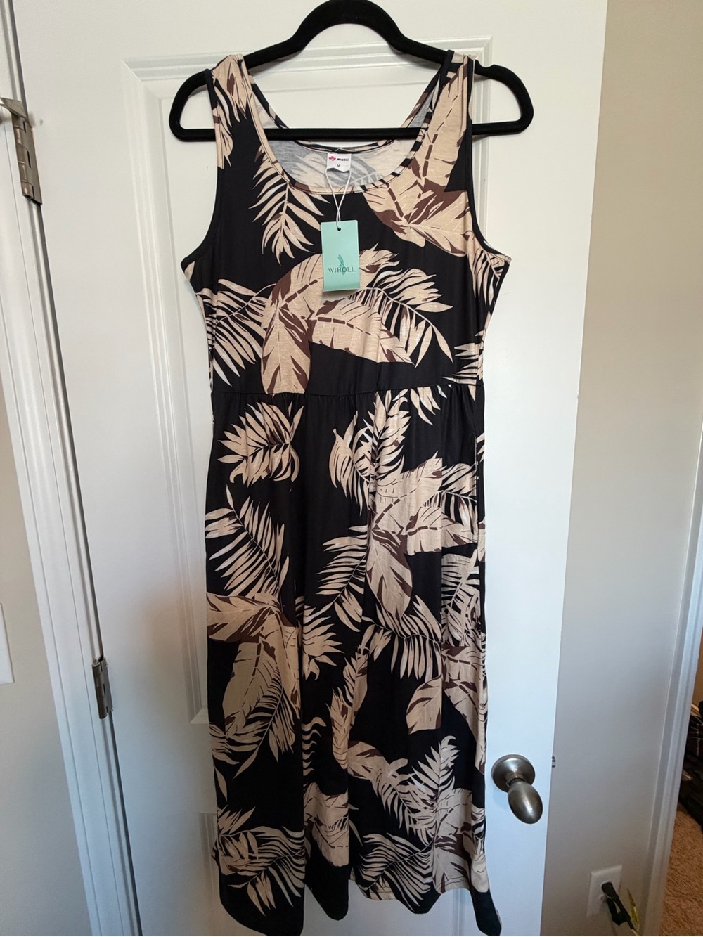 Sleeveless Black Dress with Beige Tropical Print by R&G